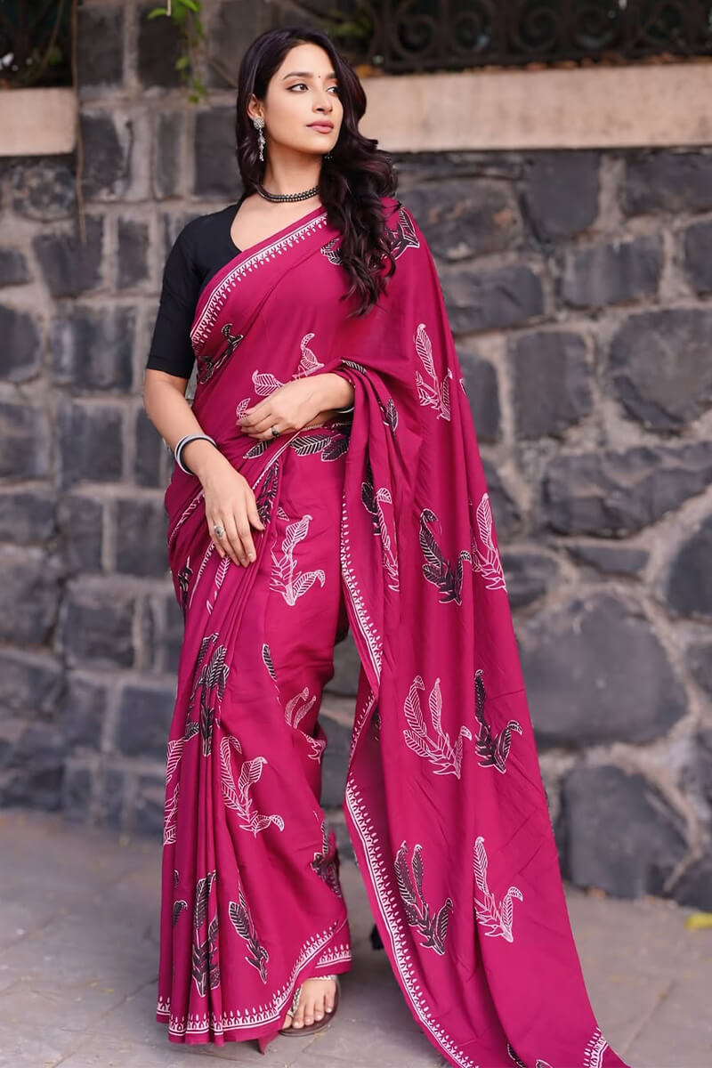 Bewitching 1 Minute Ready To Wear Dark Pink Mul Cotton Digital Printed Saree With Pocket
