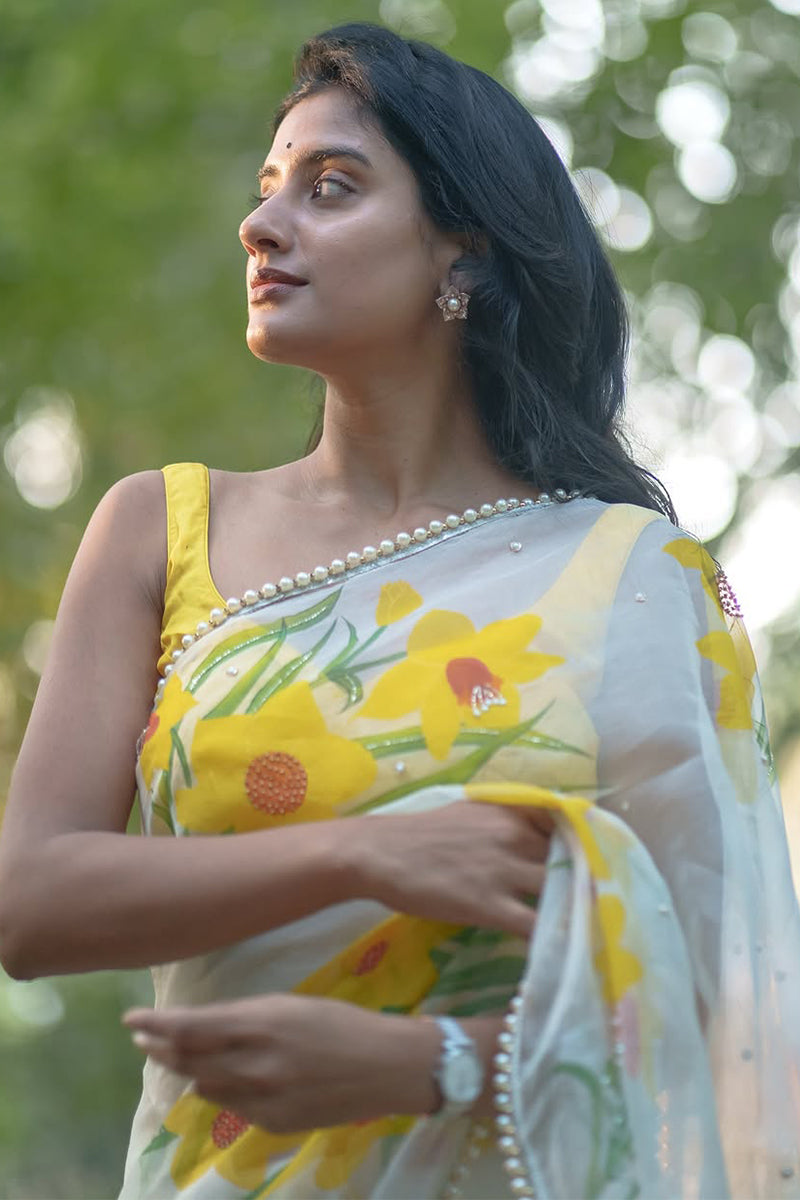 Engrossing 1-Minute Ready To Wear Off White Organza Silk Saree