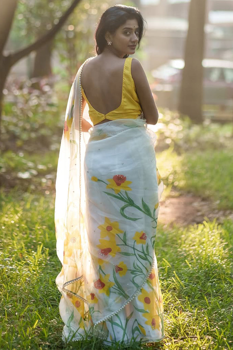 Engrossing 1-Minute Ready To Wear Off White Organza Silk Saree