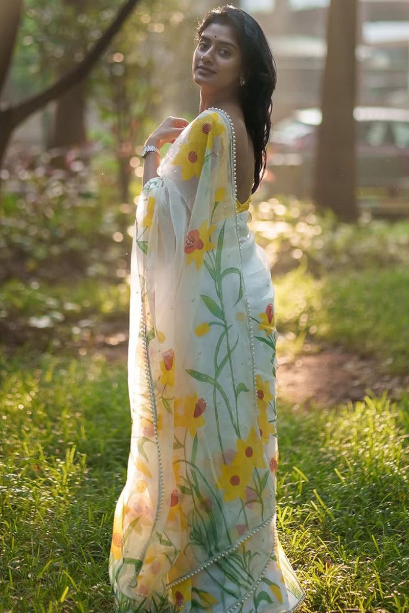 Engrossing 1-Minute Ready To Wear Off White Organza Silk Saree