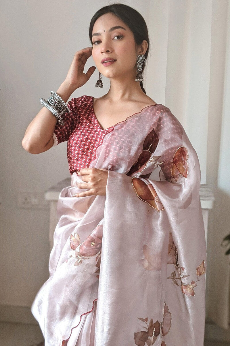 Enthralling 1-Minute Ready To Wear Baby Pink Organza Silk Saree