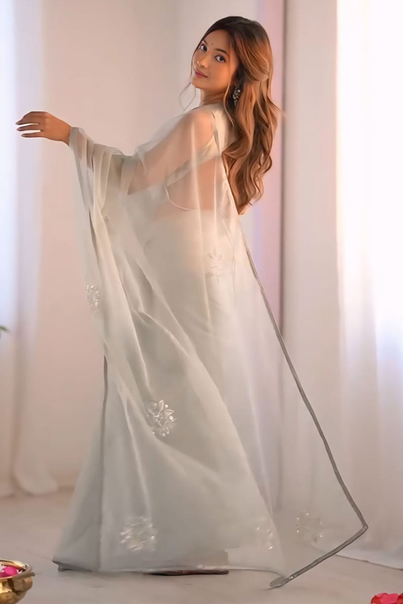 Posh 1-Minute Ready To Wear Grey Organza Silk Saree