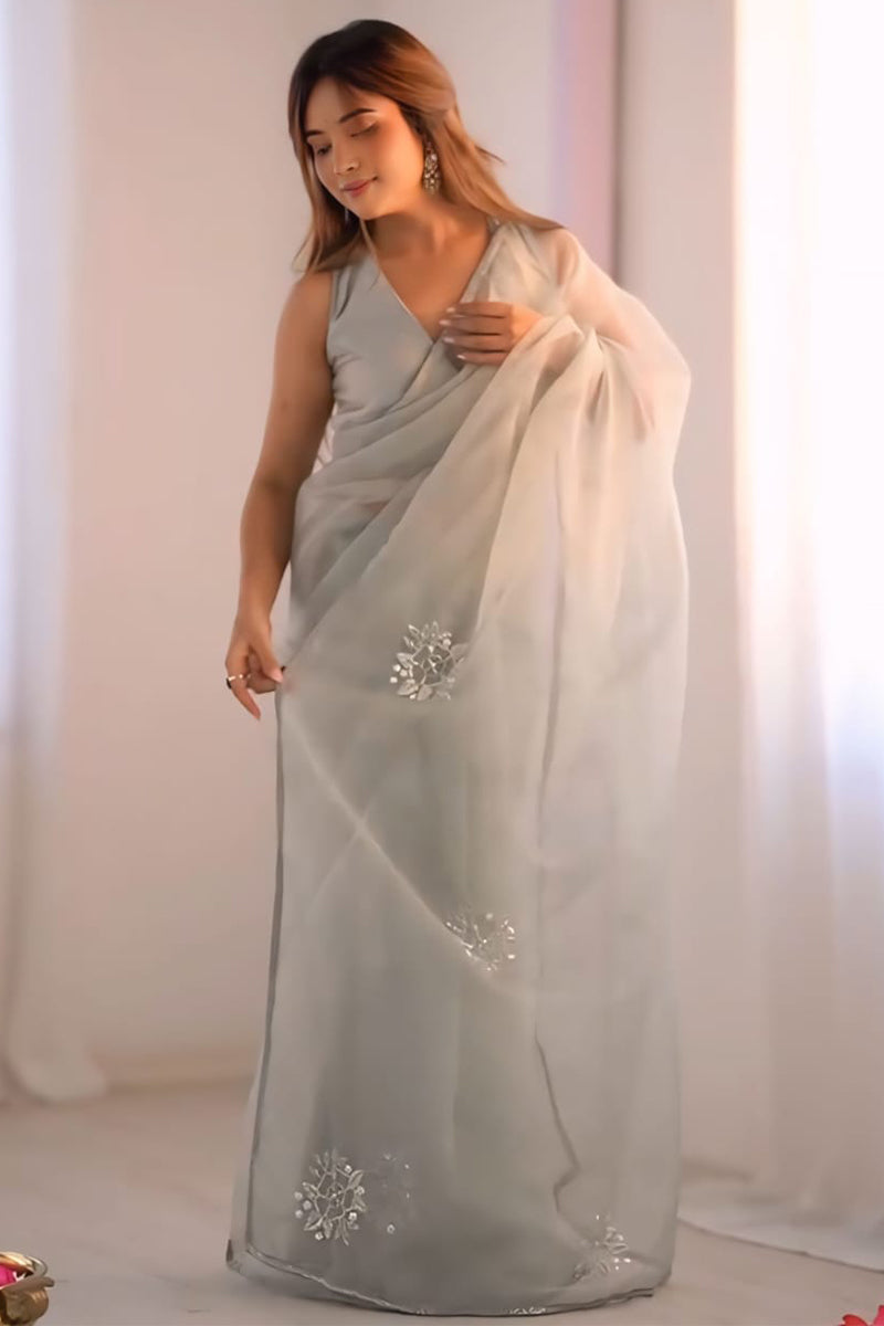 Posh 1-Minute Ready To Wear Grey Organza Silk Saree