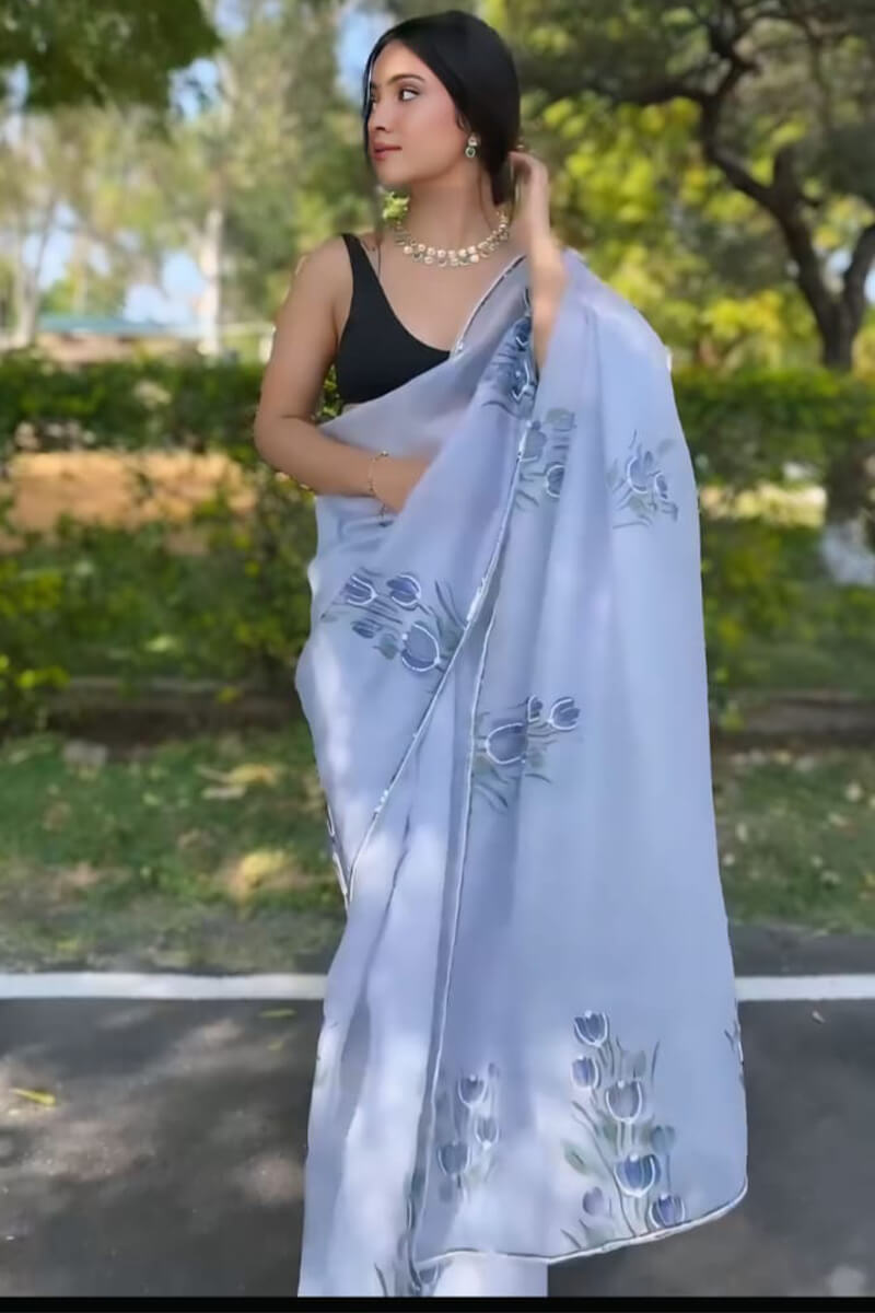 Vivacious 1-Minute Ready To Wear Grey Organza Silk Saree