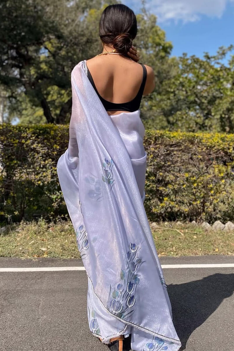 Vivacious 1-Minute Ready To Wear Grey Organza Silk Saree