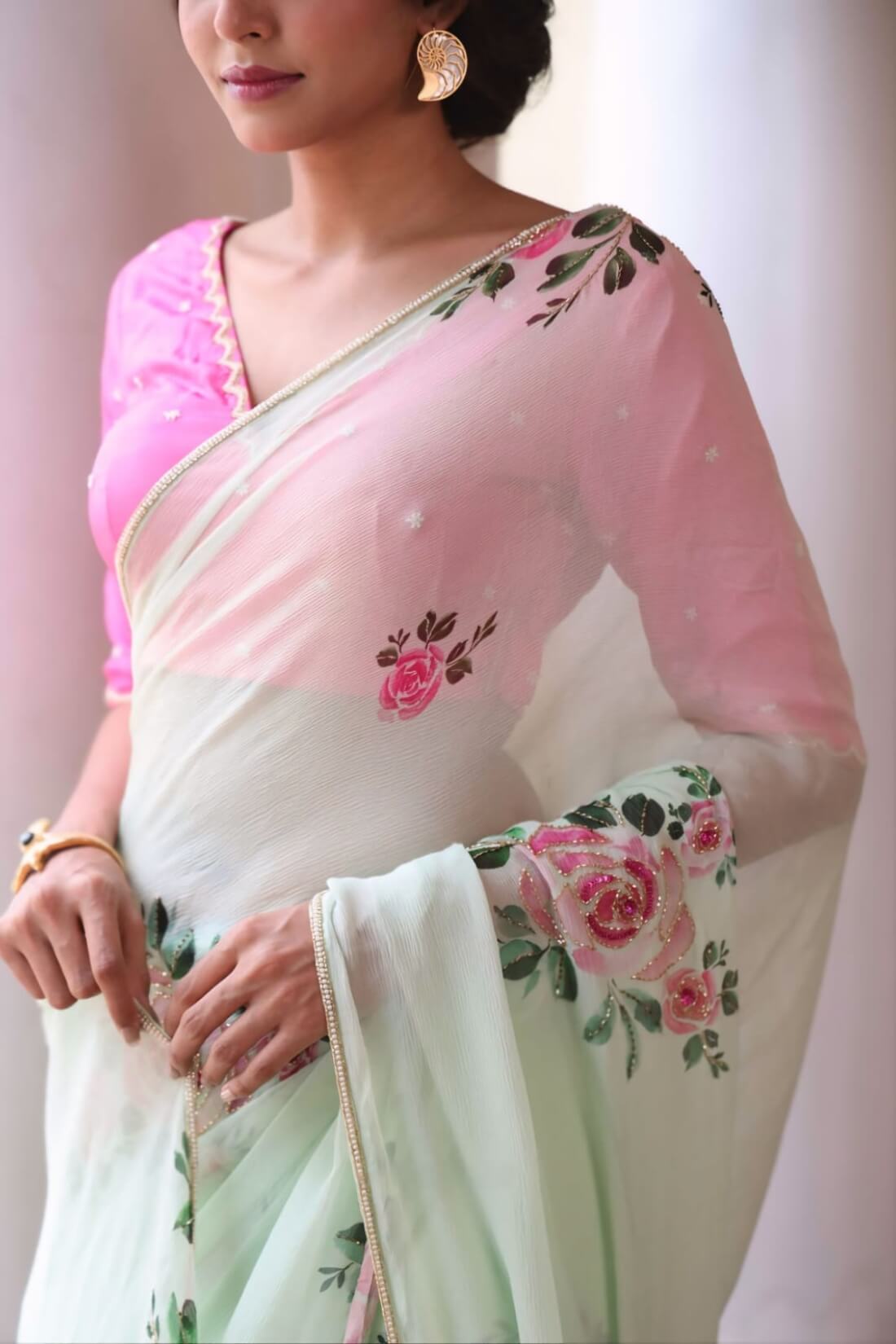 Prettiest 1-Minute Ready To Wear Pista Chiffon Silk Saree