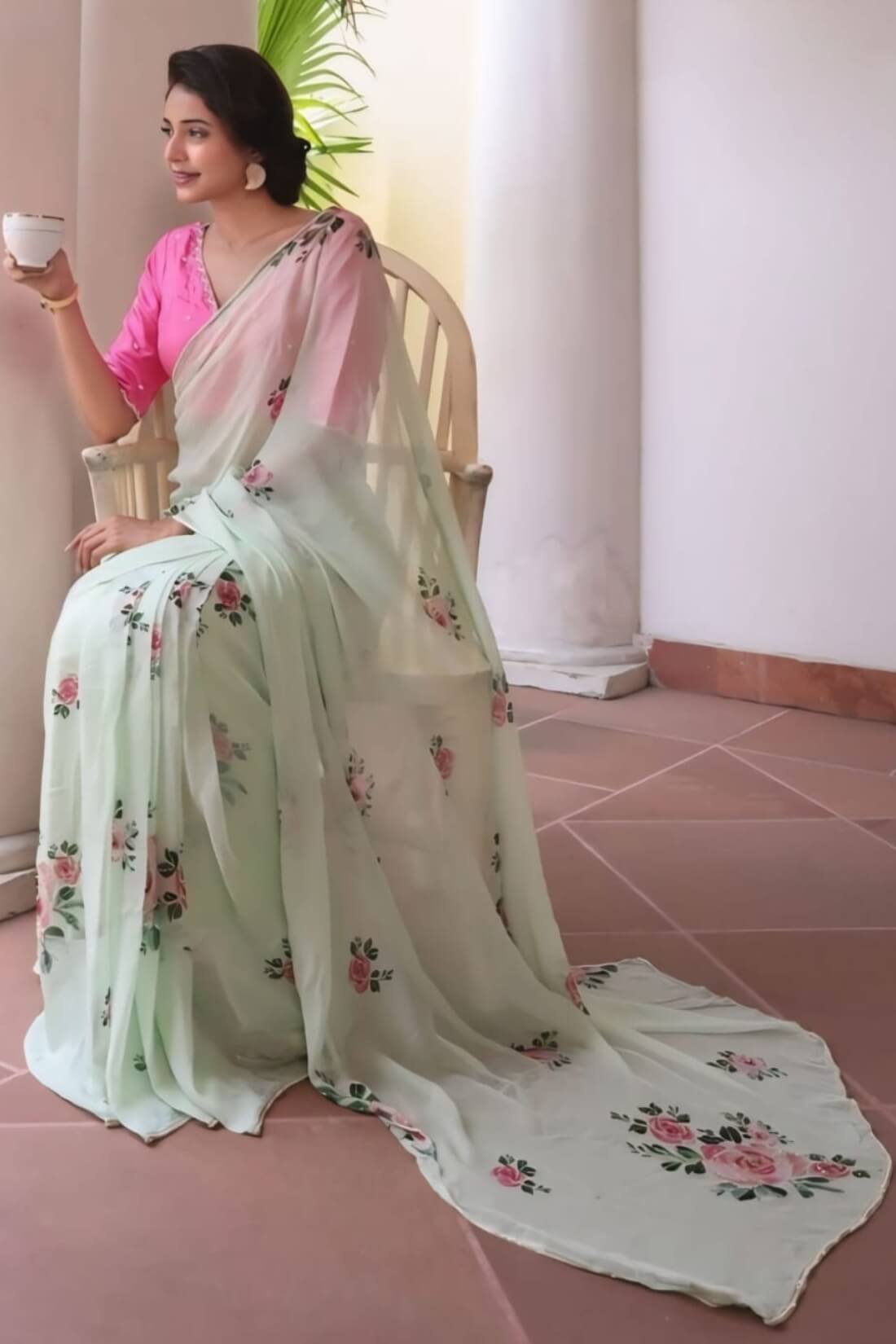Prettiest 1-Minute Ready To Wear Pista Chiffon Silk Saree