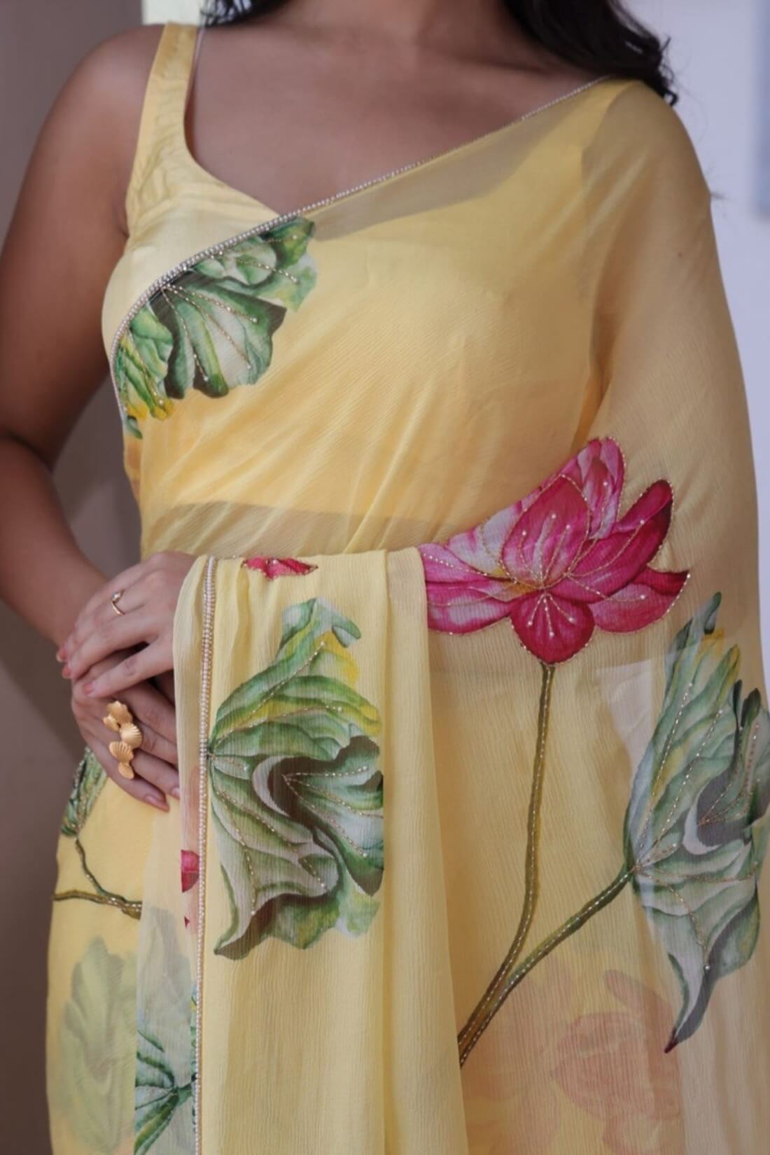 Efflorescence 1-Minute Ready To Wear Yellow Chiffon Silk Saree