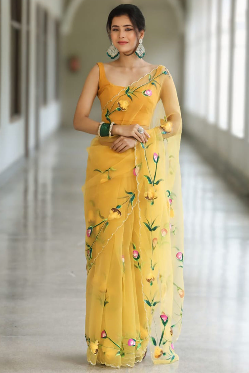 Fairytale 1-Minute Ready To Wear Yellow Organza Silk Saree
