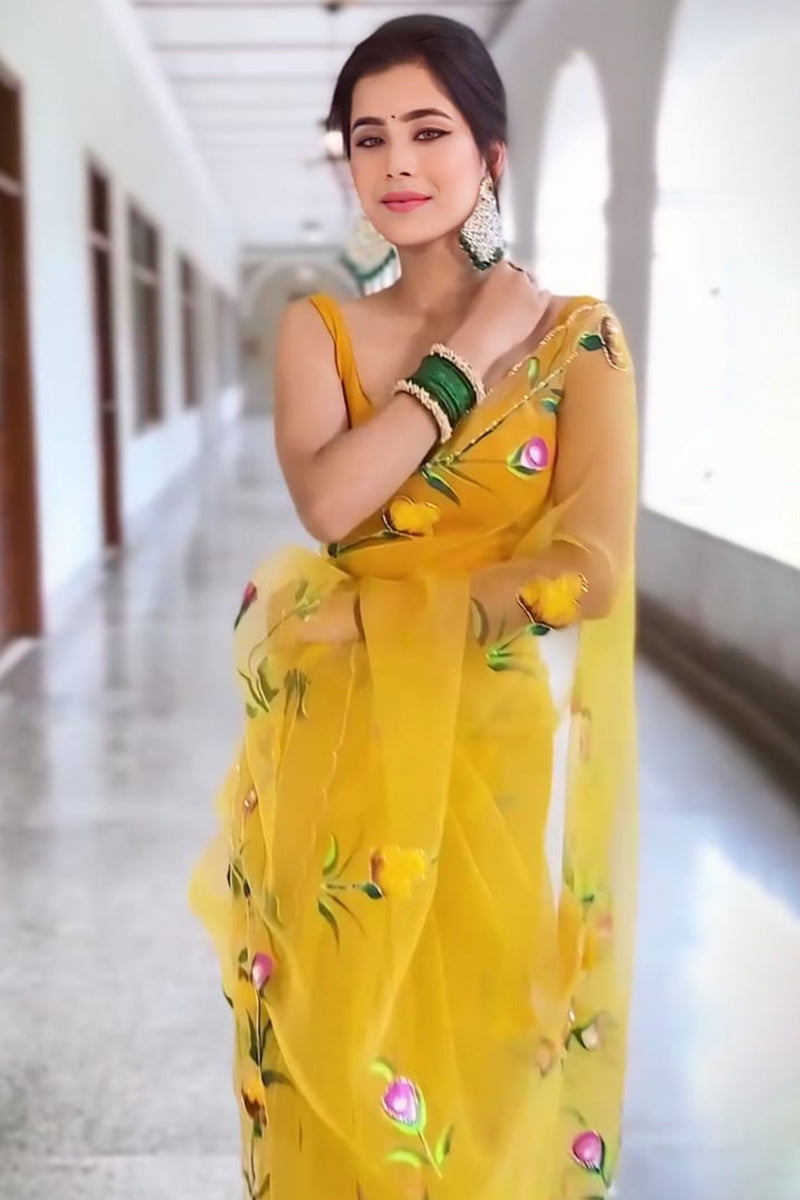 Fairytale 1-Minute Ready To Wear Yellow Organza Silk Saree