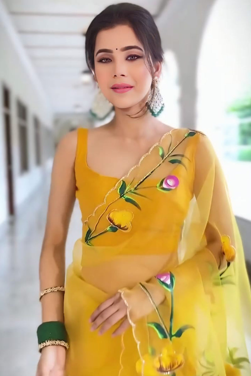 Fairytale 1-Minute Ready To Wear Yellow Organza Silk Saree