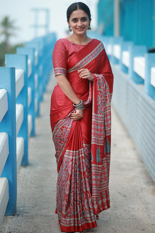 Gratifying Red 1 Minute Ready To Wear Digital Printed Crape Silk Saree