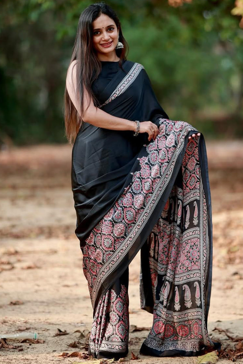Ebullience Black 1 Minute Ready To Wear Digital Printed Crape Silk Saree