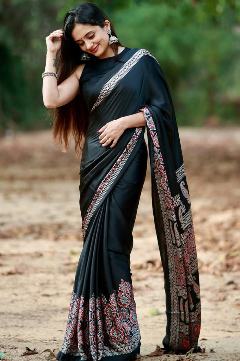 Ebullience Black 1 Minute Ready To Wear Digital Printed Crape Silk Saree