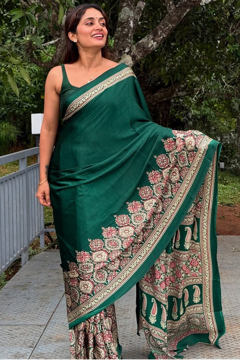 Alluring Dark Green 1 Minute Ready To Wear Digital Printed Crape Silk Saree