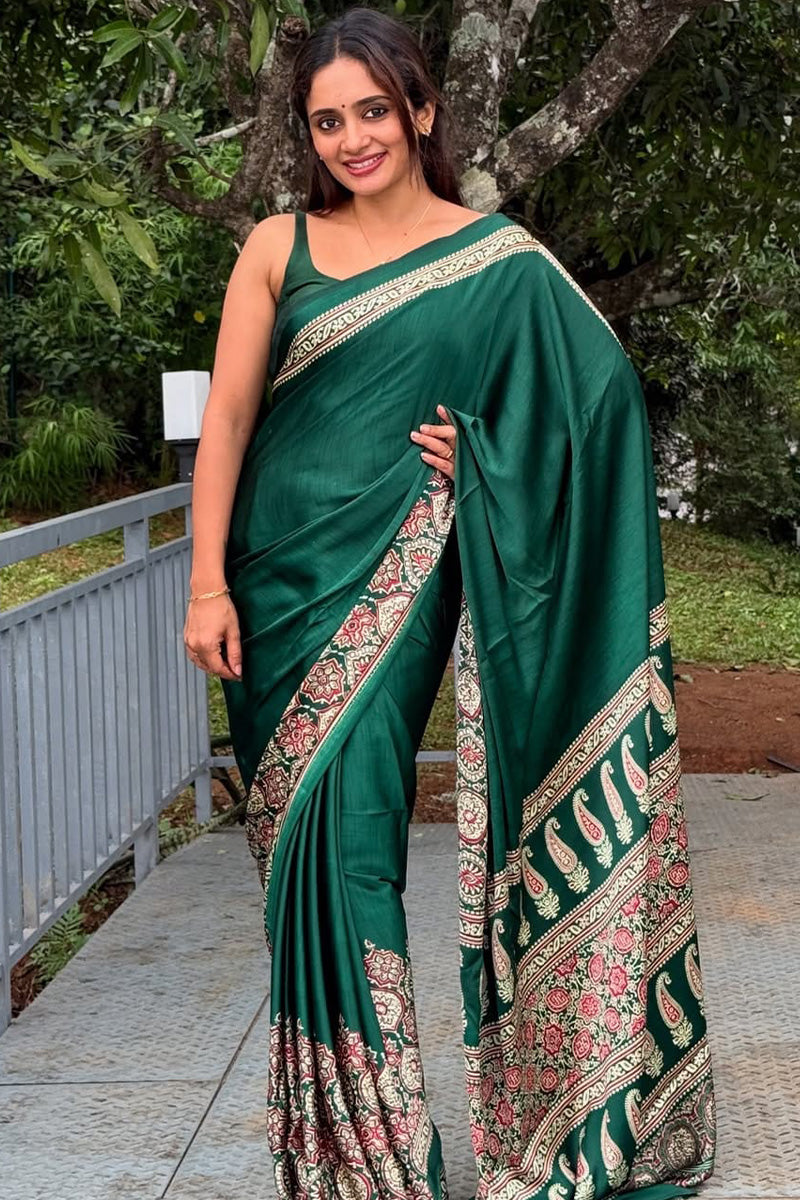 Alluring Dark Green 1 Minute Ready To Wear Digital Printed Crape Silk Saree