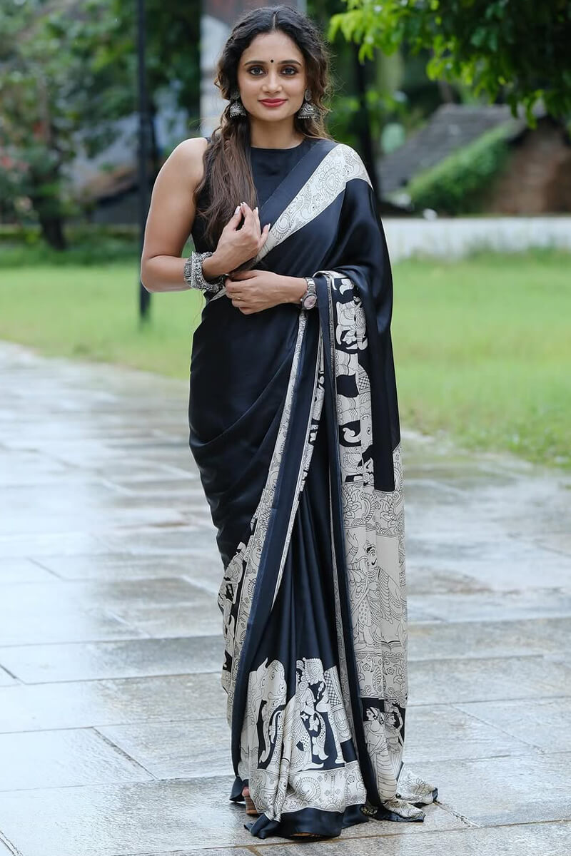Appealing Black 1 Minute Ready To Wear Digital Printed Crape Silk Saree