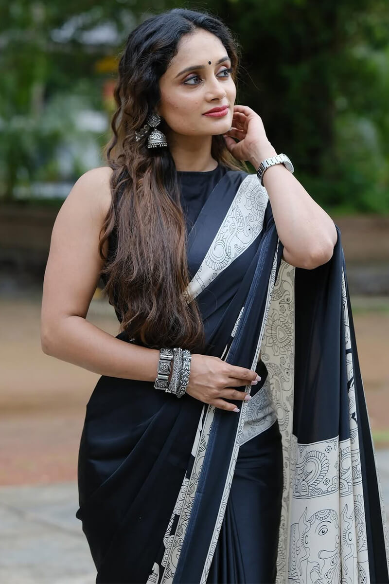 Appealing Black 1 Minute Ready To Wear Digital Printed Crape Silk Saree