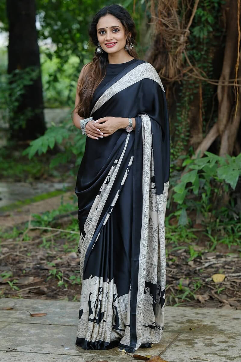 Appealing Black 1 Minute Ready To Wear Digital Printed Crape Silk Saree