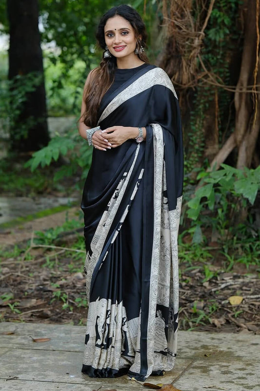 Appealing Black 1 Minute Ready To Wear Digital Printed Crape Silk Saree