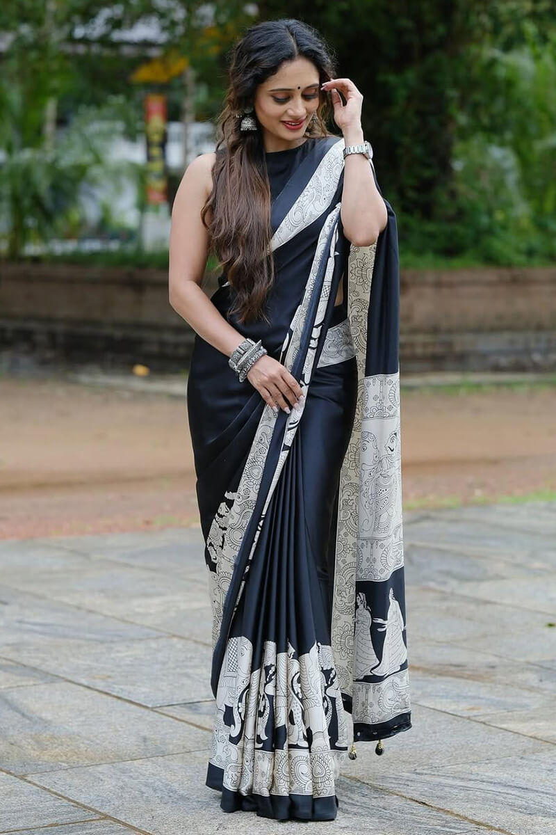 Appealing Black 1 Minute Ready To Wear Digital Printed Crape Silk Saree