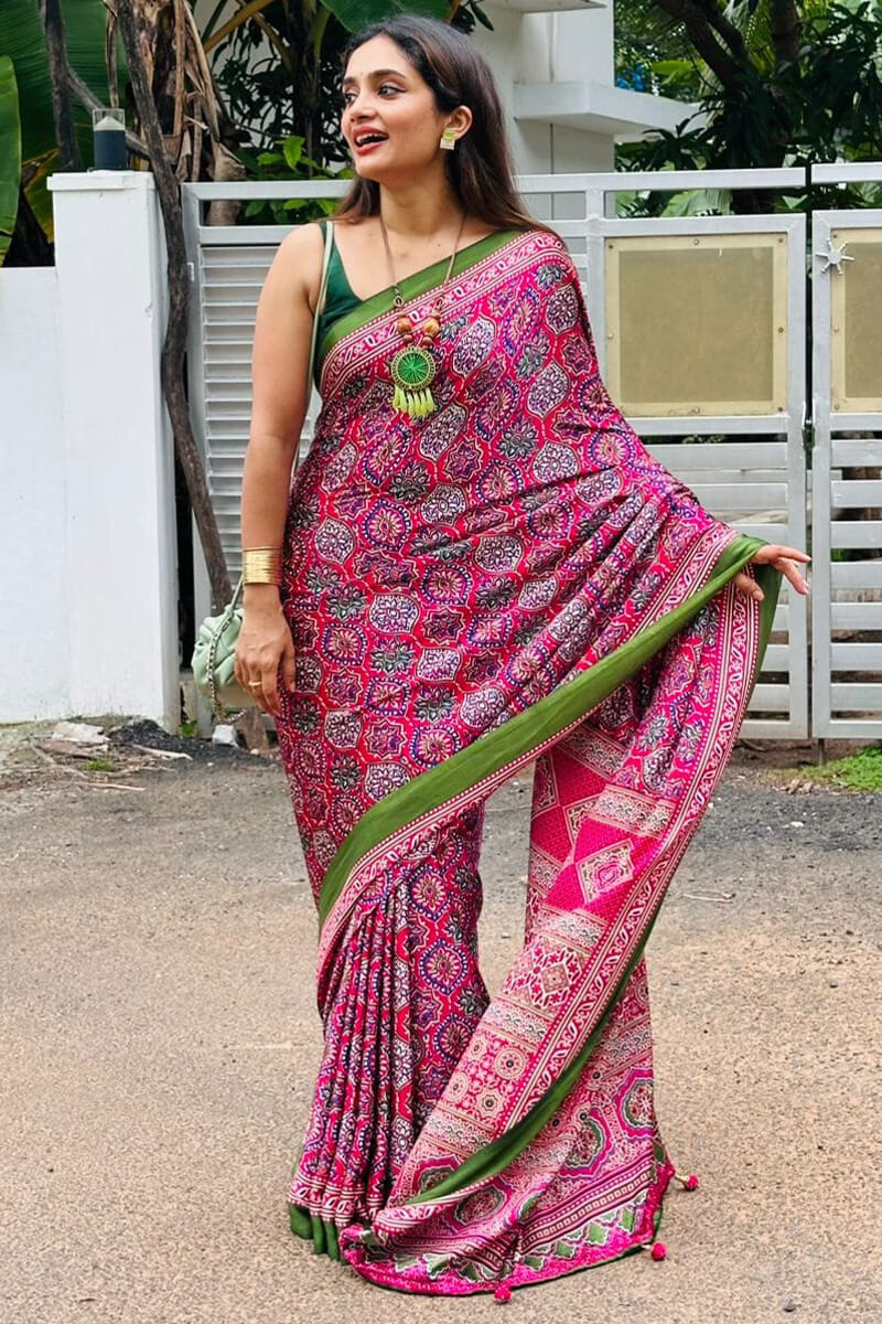 Energetic Dark Pink 1 Minute Ready To Wear Digital Printed Crape Silk Saree