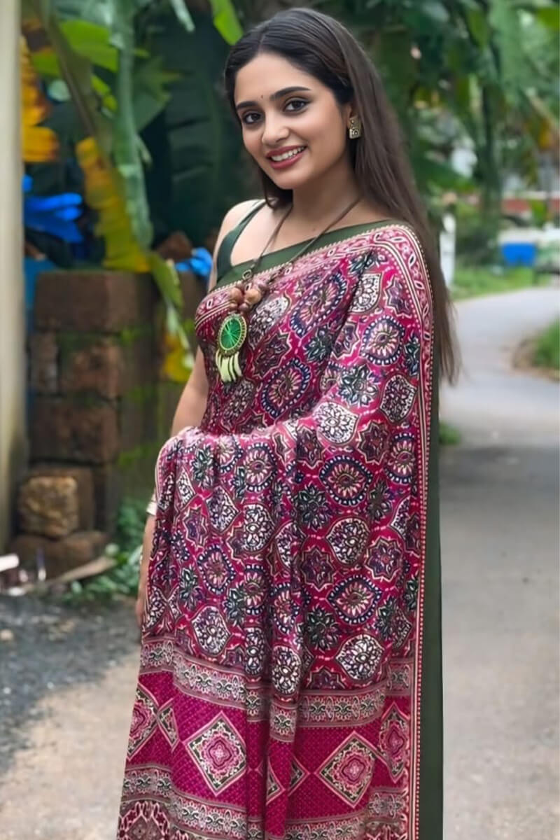 Energetic Dark Pink 1 Minute Ready To Wear Digital Printed Crape Silk Saree