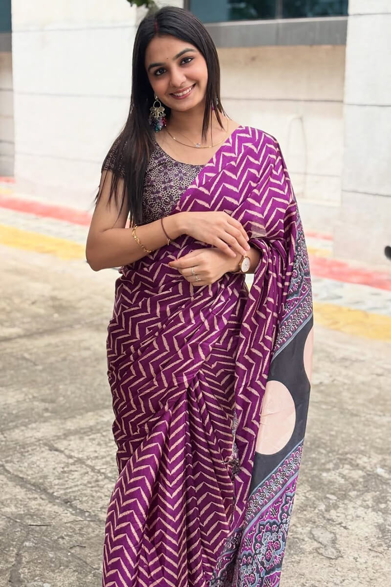 Sensational Purple 1 Minute Ready To Wear Digital Printed Crape Silk Saree