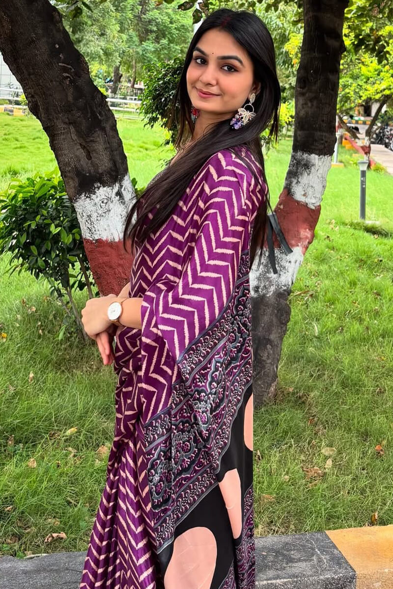 Sensational Purple 1 Minute Ready To Wear Digital Printed Crape Silk Saree