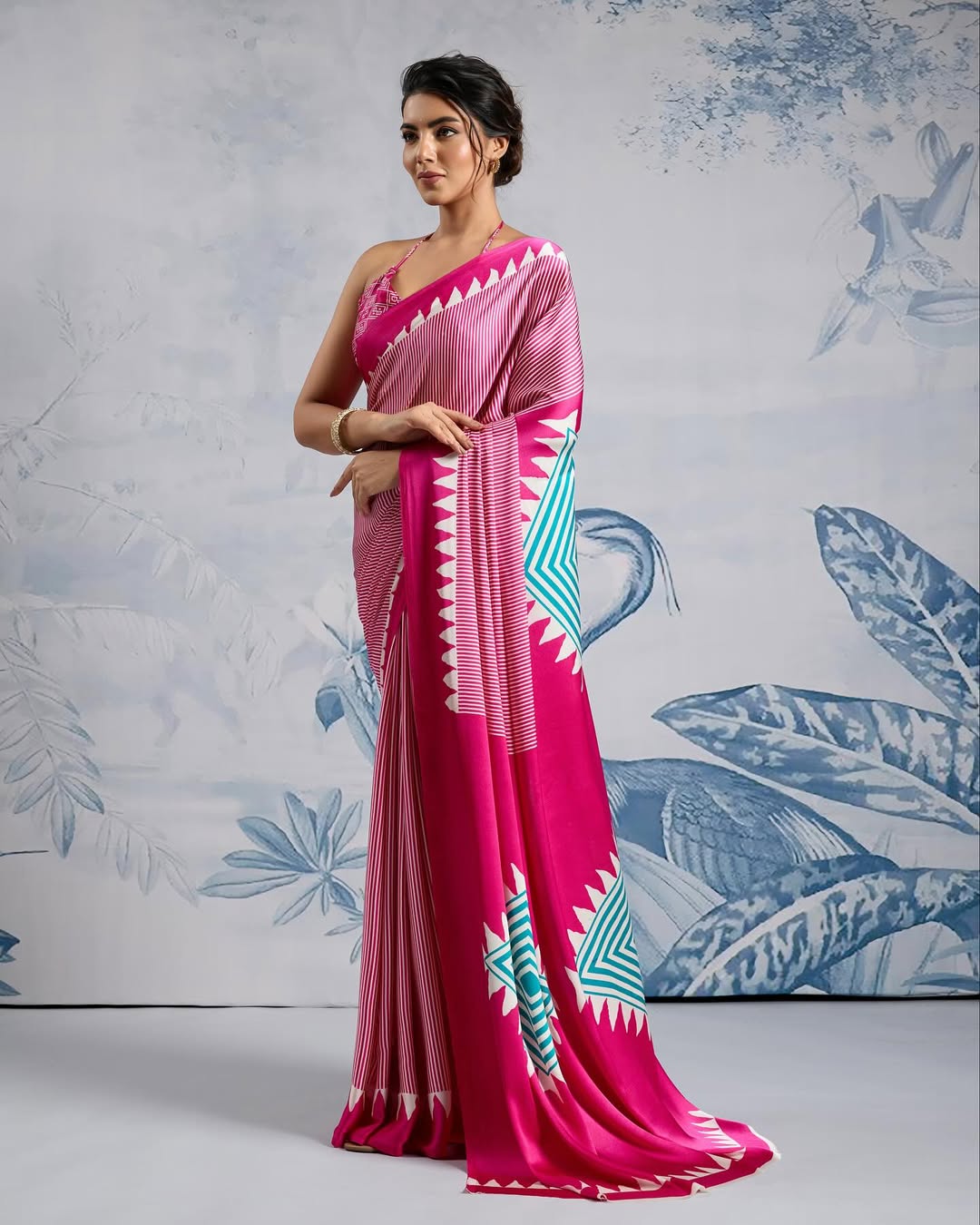 Angelic Dark Pink 1 Minute Ready To Wear Digital Printed Crape Silk Saree