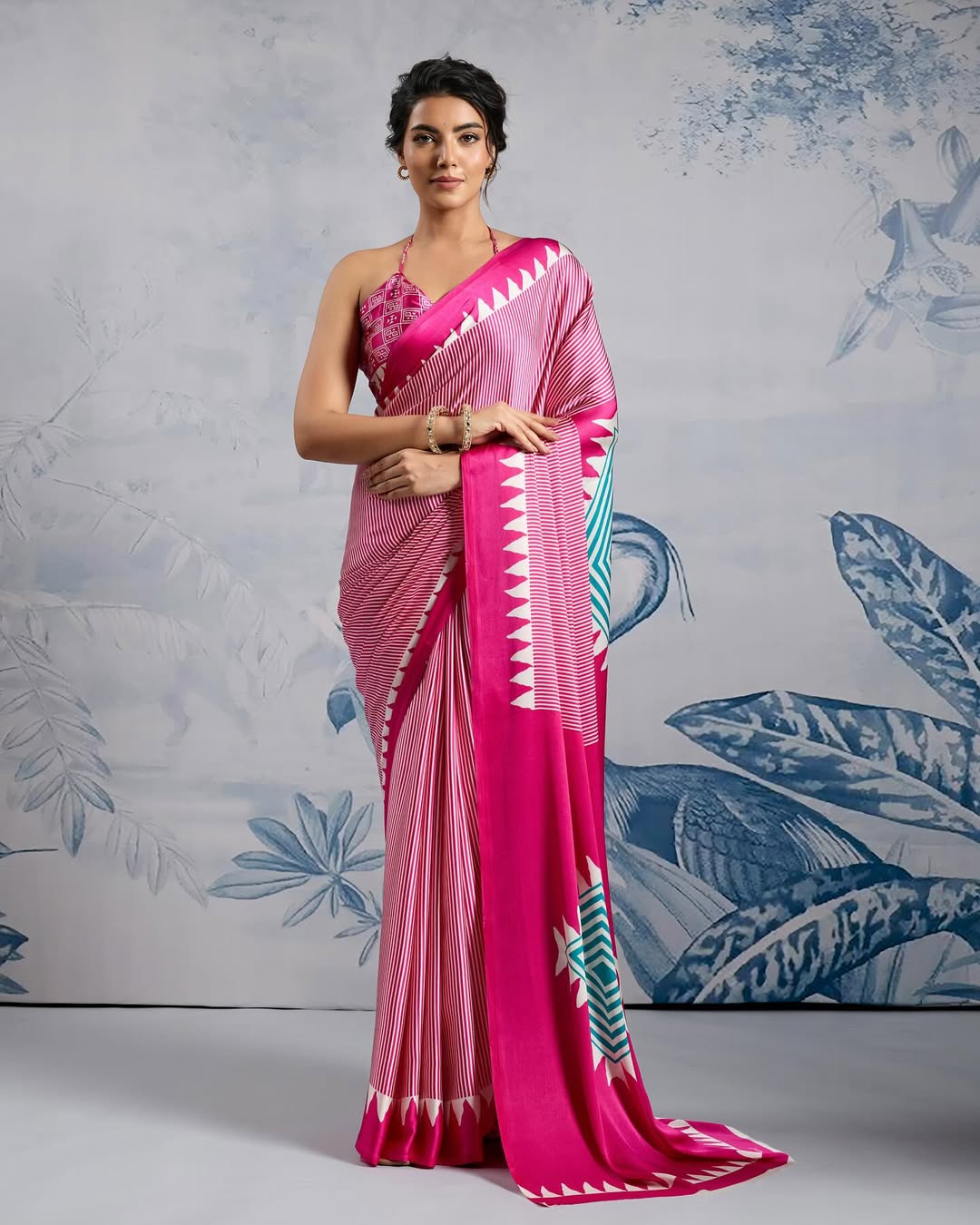 Angelic Dark Pink 1 Minute Ready To Wear Digital Printed Crape Silk Saree