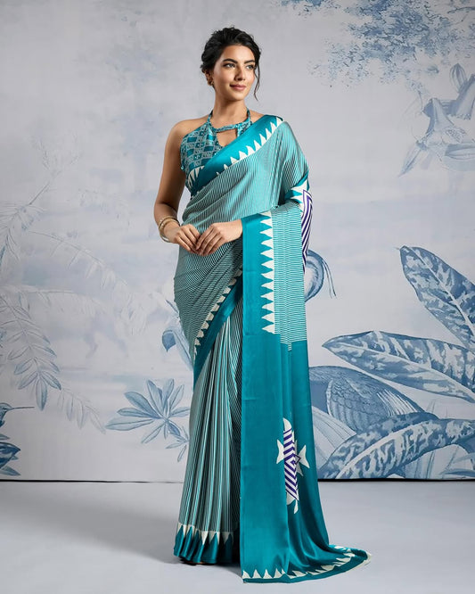 Moiety Firozi 1 Minute Ready To Wear Digital Printed Crape Silk Saree