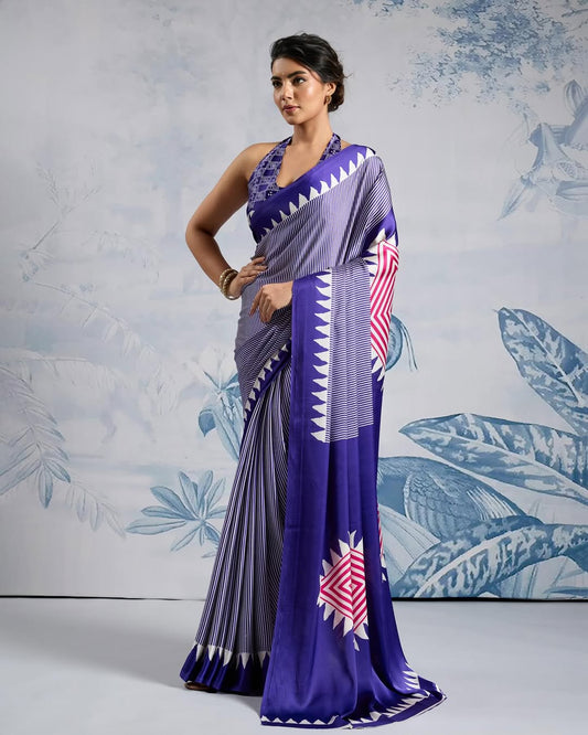 Mellifluous Royal Blue 1 Minute Ready To Wear Digital Printed Crape Silk Saree