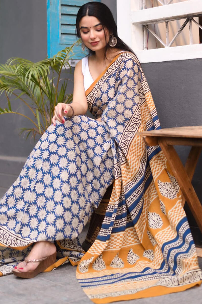 Delectable 1 Minute Ready To Wear Blue Mul Cotton Digital Printed Saree With Pocket