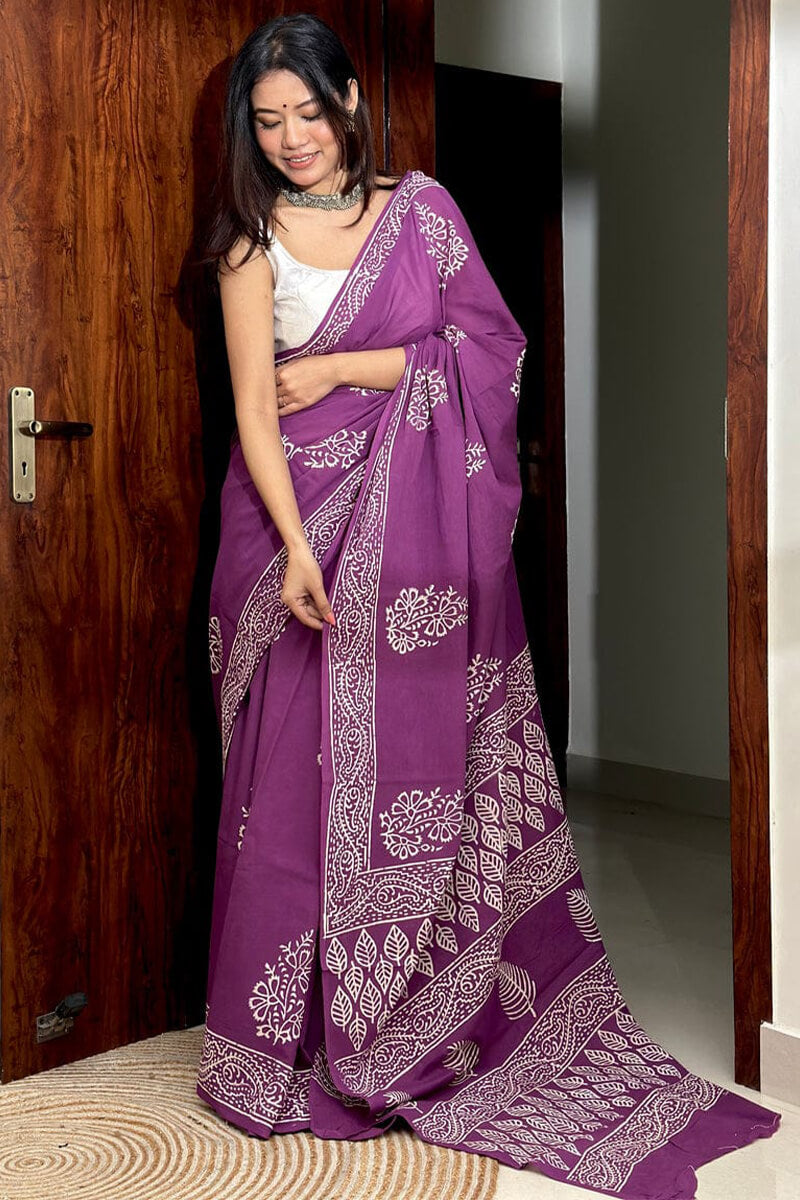Girlish 1 Minute Ready To Wear Purple Mul Cotton Digital Printed Saree With Pocket
