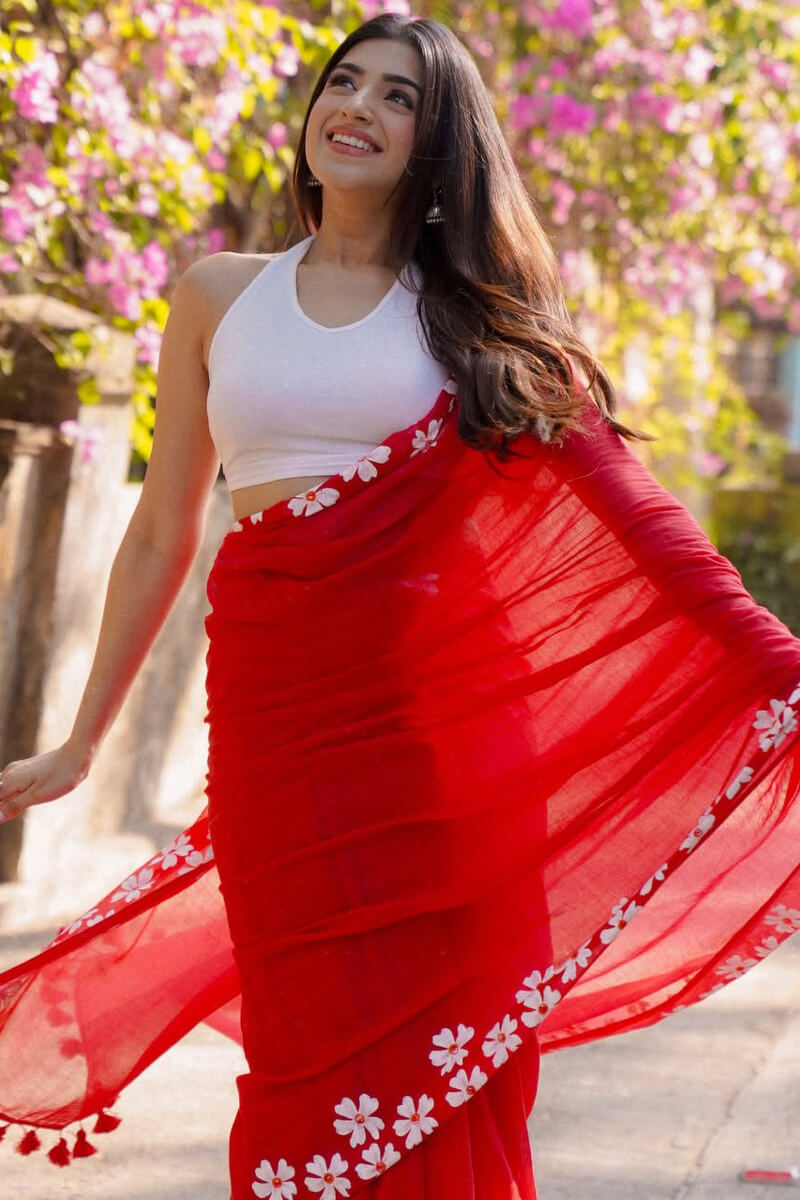 Elegant 1 Minute Ready To Wear Red Mul Cotton Digital Printed Saree With Pocket