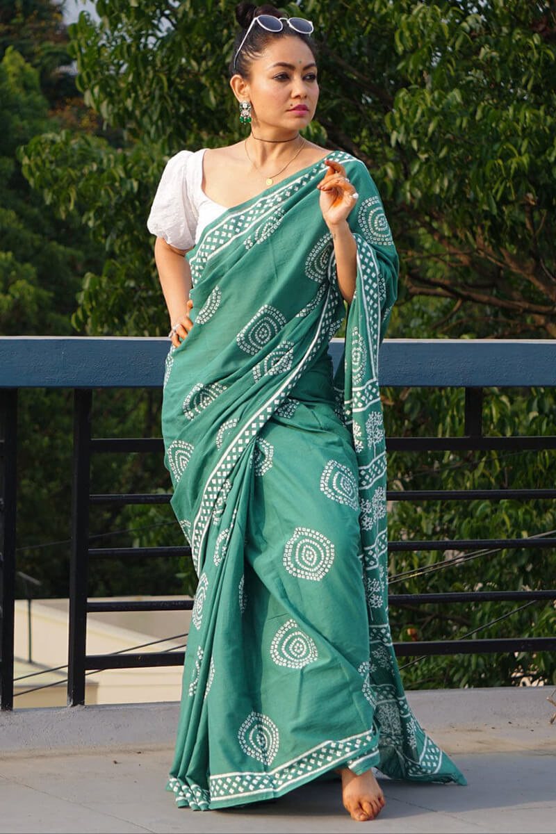 Groovy 1 Minute Ready To Wear Sea Green Mul Cotton Digital Printed Saree With Pocket