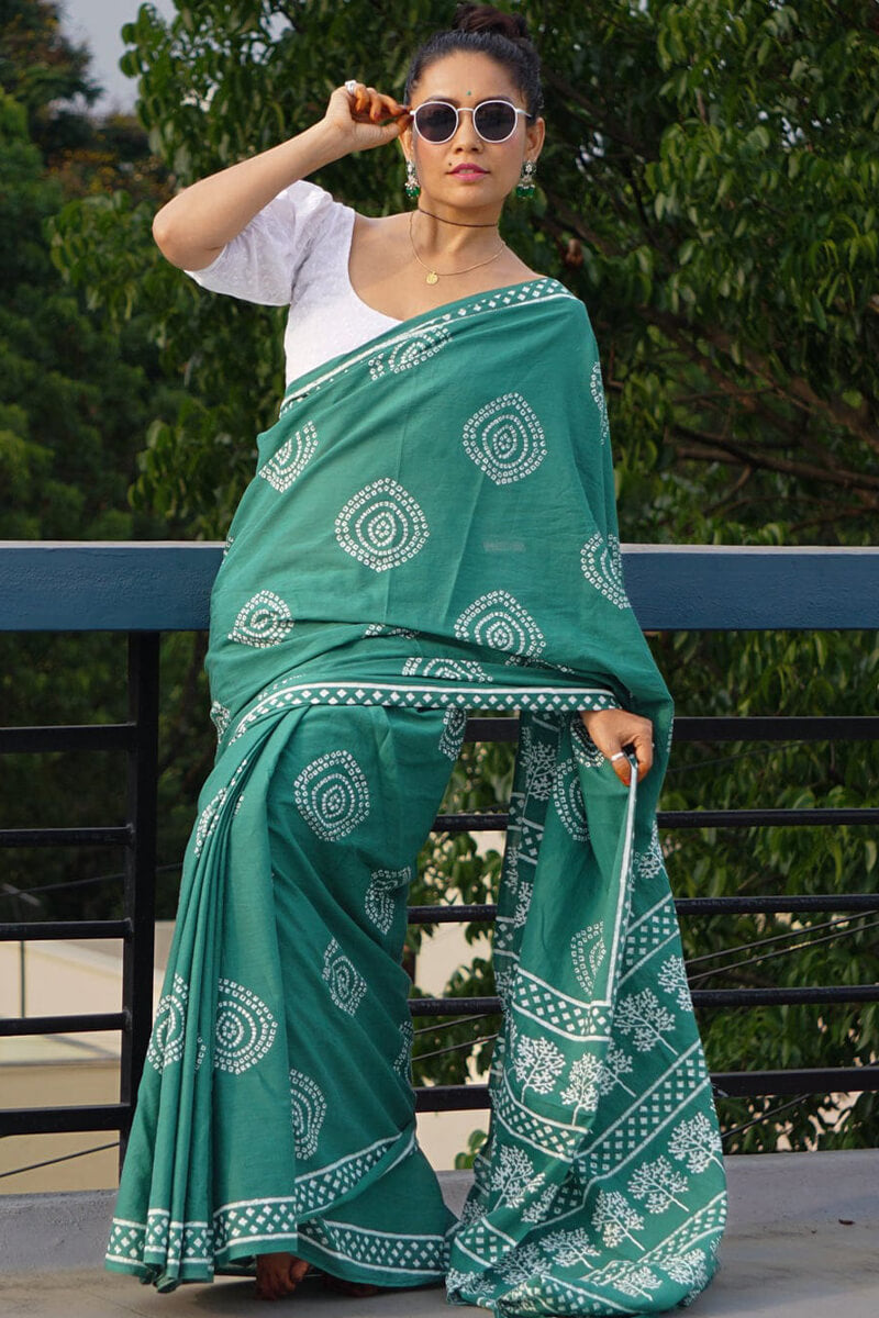 Groovy 1 Minute Ready To Wear Sea Green Mul Cotton Digital Printed Saree With Pocket