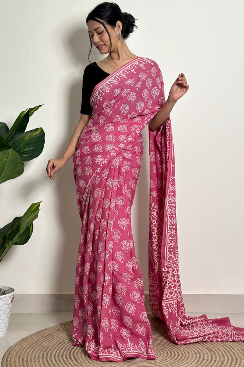 Impressive 1 Minute Ready To Wear Pink Mul Cotton Digital Printed Saree With Pocket