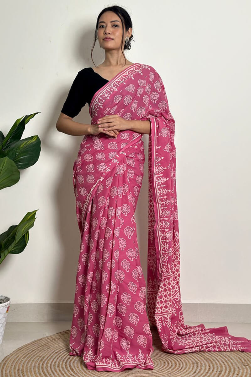 Impressive 1 Minute Ready To Wear Pink Mul Cotton Digital Printed Saree With Pocket