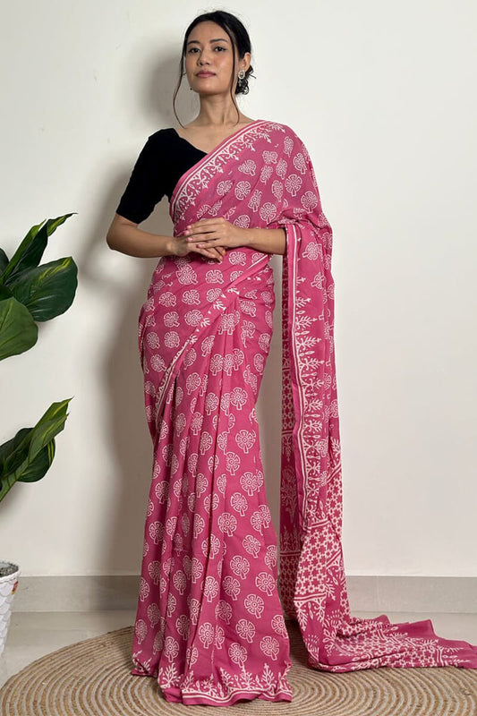 Impressive 1 Minute Ready To Wear Pink Mul Cotton Digital Printed Saree With Pocket