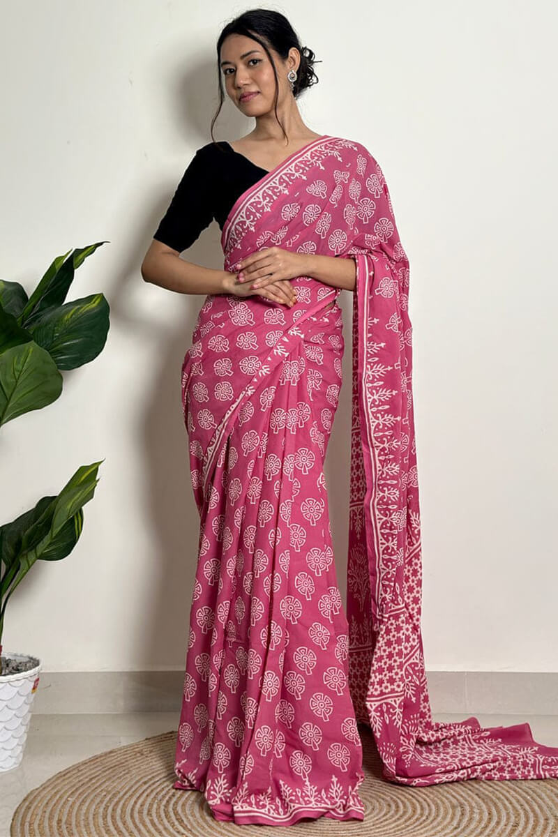 Impressive 1 Minute Ready To Wear Pink Mul Cotton Digital Printed Saree With Pocket