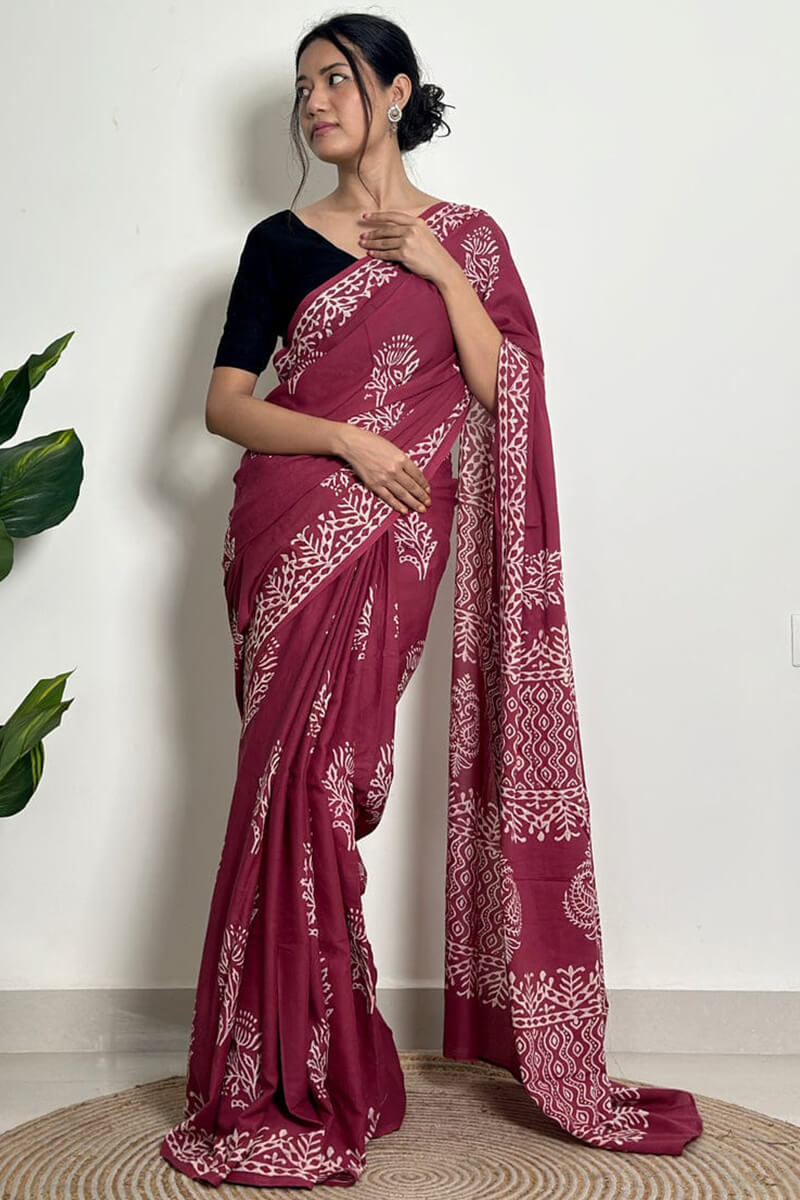 Snazzy 1 Minute Ready To Wear Wine Mul Cotton Digital Printed Saree With Pocket