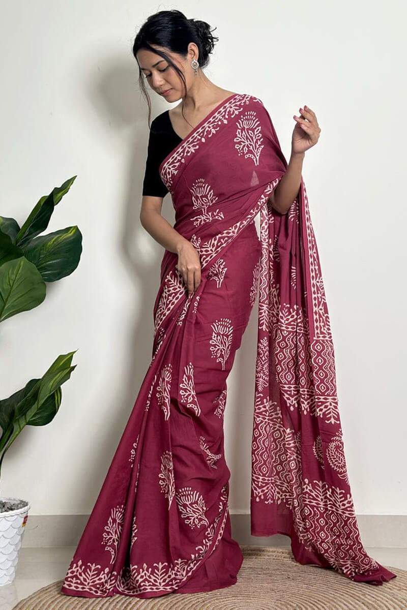 Snazzy 1 Minute Ready To Wear Wine Mul Cotton Digital Printed Saree With Pocket