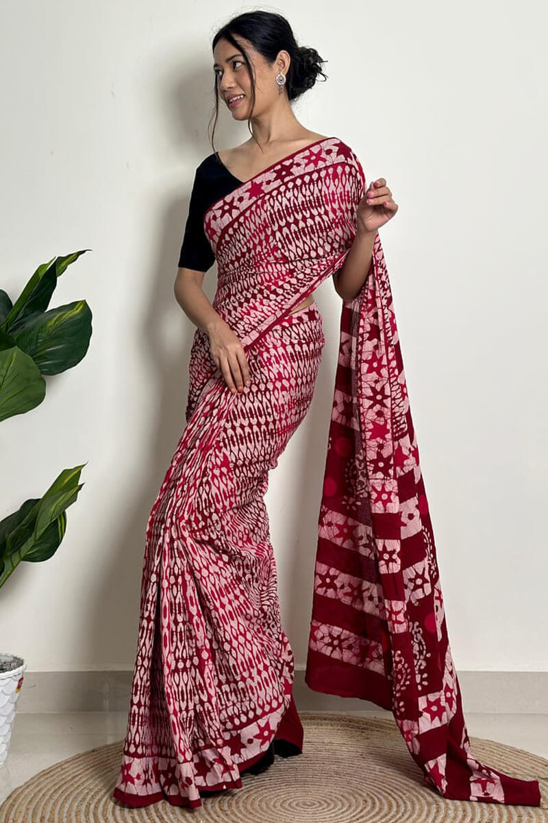 Winsome 1 Minute Ready To Wear Maroon Mul Cotton Digital Printed Saree With Pocket