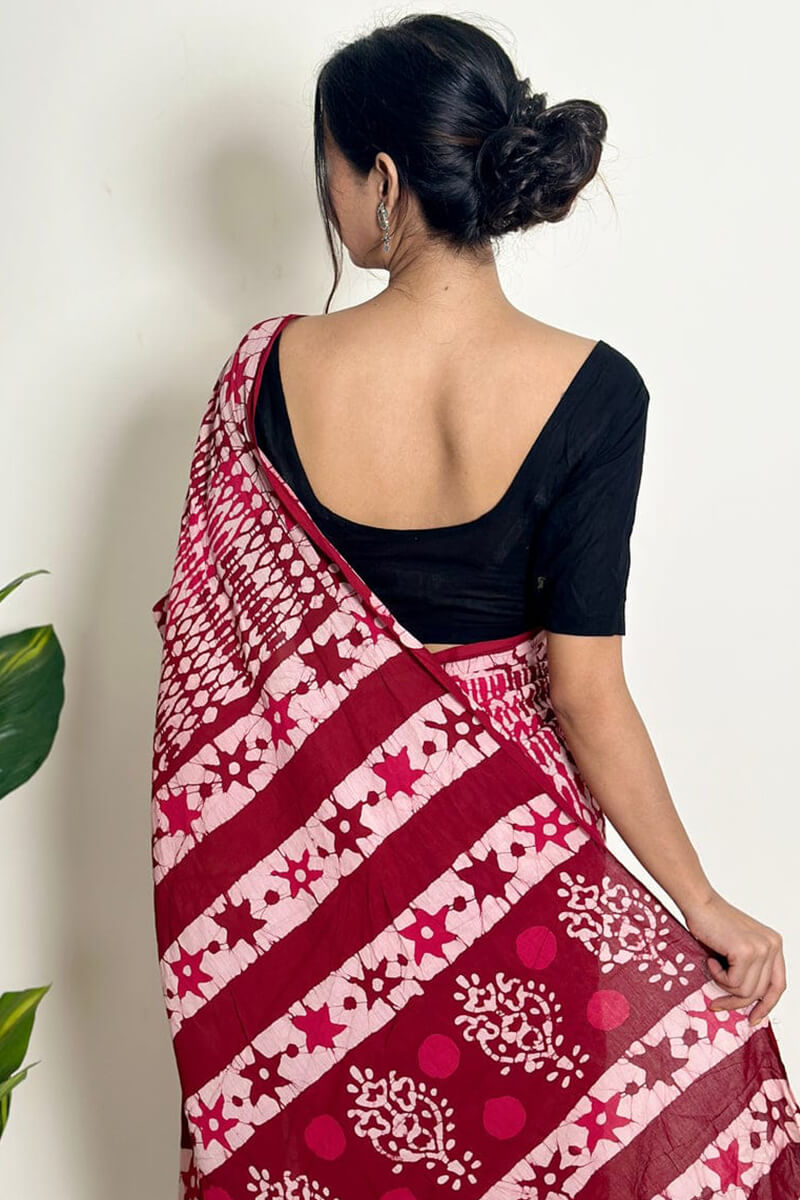 Winsome 1 Minute Ready To Wear Maroon Mul Cotton Digital Printed Saree With Pocket