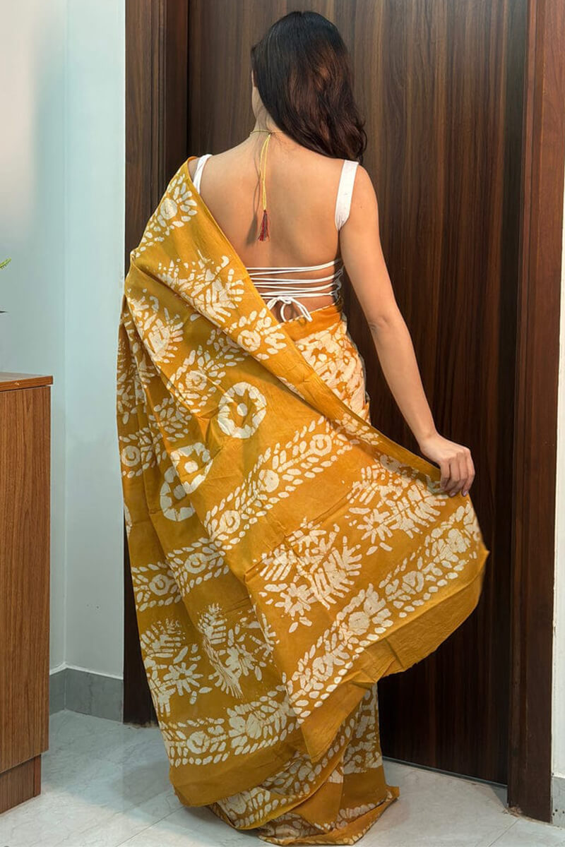 Resonant 1 Minute Ready To Wear Mustard Mul Cotton Digital Printed Saree With Pocket